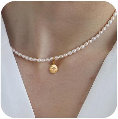 S.J JEWELRY Freshwater Pearl Necklace for Women 5mm Dainty Pearl Choker Necklaces 14K Gold Plated Rainbow Moon Pendant