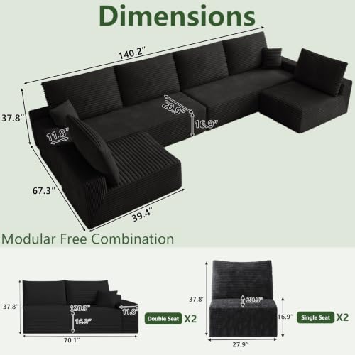 Image of Oversized Modular Sectional Sofa Couch, Large 6 Seater Corner Sofa Modern U Shaped Sectional Couch Cloud Couches for Living Room, Office, Spacious Space, Corduroy, No Assembly Required, Black