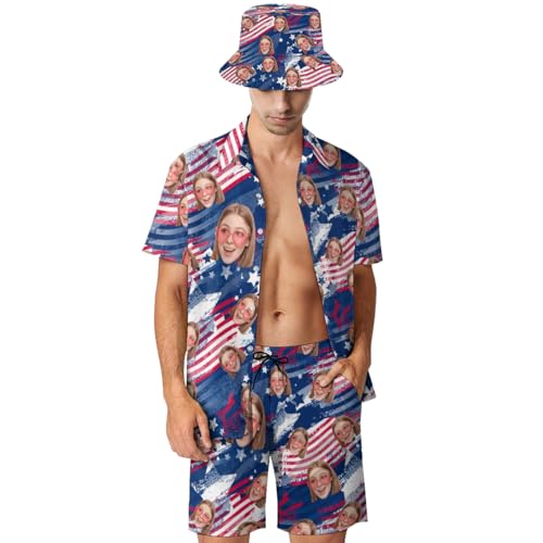 Personalized Men's Hawaiian Shirts and Shorts Set Custom 2-Piece Suits Button Down Shirt Outfit with Bucket Hats