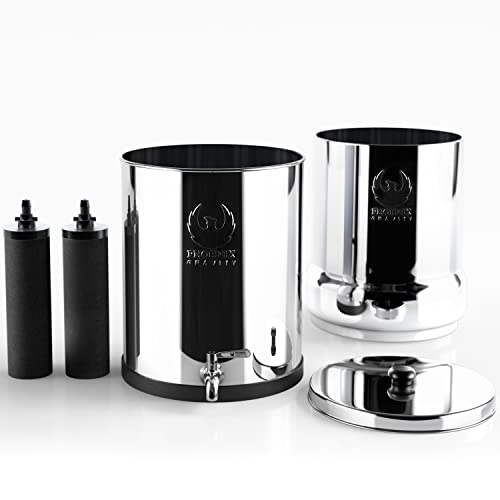 Phoenix Gravity 2.25 Gallons Gravity Fed Stainless Steel Drinking Water Filter And Purifier With 2 Phoenix Carbon Water Filter Cartridges, Stainless Steel Tap And Stainless Steel Water Bottle #TOP6