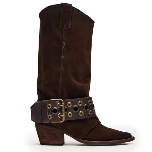 Suede Mid Calf Boots for Women Pointed Toe Chunky Heel Buckle Cowboy Boots Comfort Western Boot
