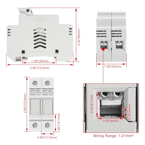 Heschen Solar-/Photovoltaik-Sicherungshalter, PV-Sicherungshalter, HSPV-30D, DC1000V 32A, 2-polig, 35mm DIN-Schienenmontage, für HSPV-30 ST-10PV 10 x 38 mm Sicherung (1)