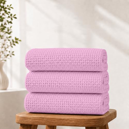 Image of Pure Cotton Waffle Towel | Lightweight | Anti Microbial and Water Absorbent | Soft Touch Quick Drying Bath Towel (Pink, Pack of 1)