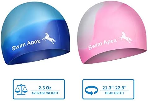 Swim Apex Swim Caps for Long Hair (2 Pack), Durable Silicone Swimming Caps for Women Men Adults Youths Kids, Easy to Put On and Off, Cover Ears