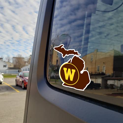Image of Western Michigan University WMU Broncos Block W Circle Over State of Michigan Brown and Gold Weatherproof Vinyl Sticker Car Decal from Nudge Printing