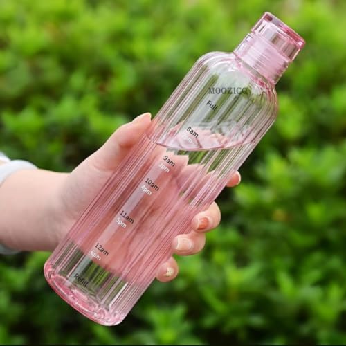 Image of Glass Water Bottle for Adults, Student Direct Drinking Freezer Safe, Leak Proof, Gym Travel On-The-Go Hotel-Style Design Borosilicate Glass Water Bottle With Time Marker (Pink Lining)