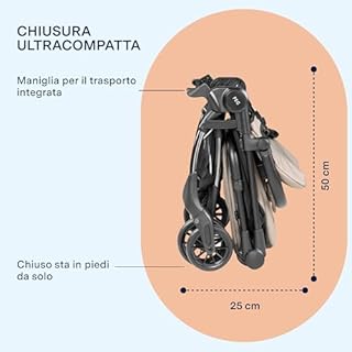 PEG Passeggino Leggero Volo con Parapioggia, per Aereo, Compatto, Omologato per Cappelliera, Misure Bagaglio a Mano, Adatto dalla Nascita fino a 22 kg, Include Borsa da Viaggio, Misty Beige