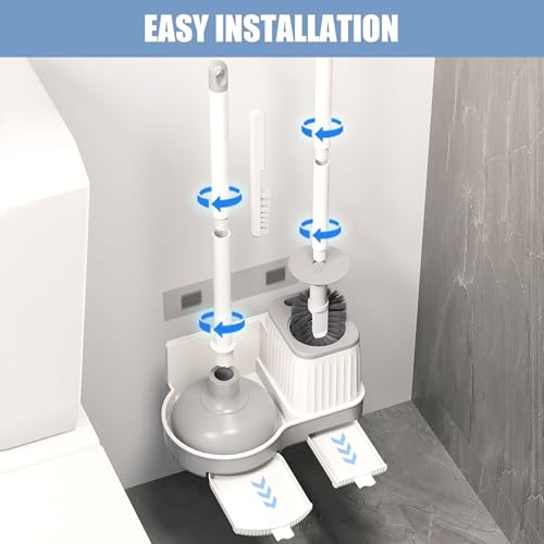 Image of Toilet Brush and Plunger Set, Plunger and Brush Set, 3 in 1 Toilet Bowl Brush and Plunger Set for Bathroom Cleaning,Plungers for Bathroom Heavy Duty 2 Packs in Color White&Grey