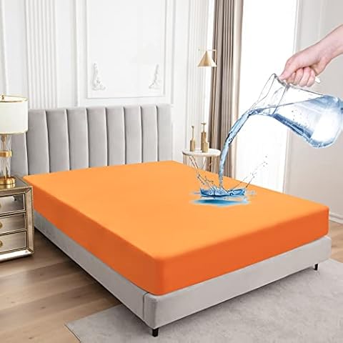 Mafudoxi Queen Waterproof Mattress Protector, 18" Deep Pocket Breathable Waterproof Mattress Cover for Pets Kids Adults(Orange 60x80 inch) Cover