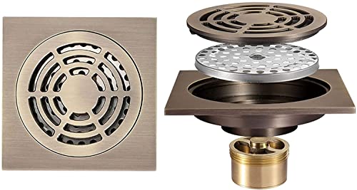 Drenaje Desagüe de piso de ducha de 4 pulgadas, desagüe de ducha de latón con rejilla de cubierta extraíble, escurridor de piso cuadrado con colador de pelo for cocina, baño, garaje y sótano, bronce