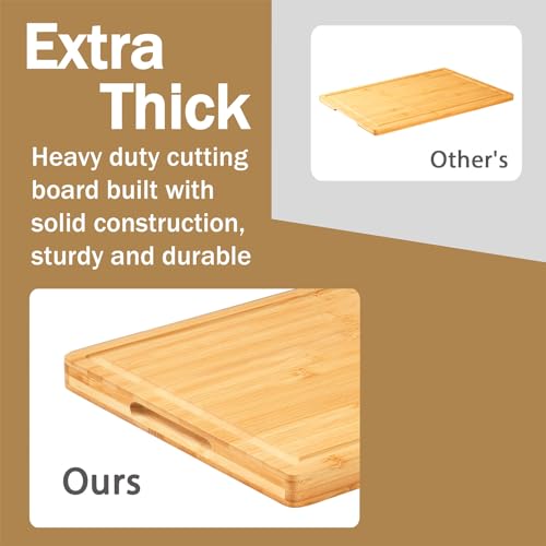 Large Bamboo Wood Cutting Boards for Kitchen, 1" Thick Charcuterie Boards, Butcher Block with Juice Grooves & Handles - Thumbnail 4