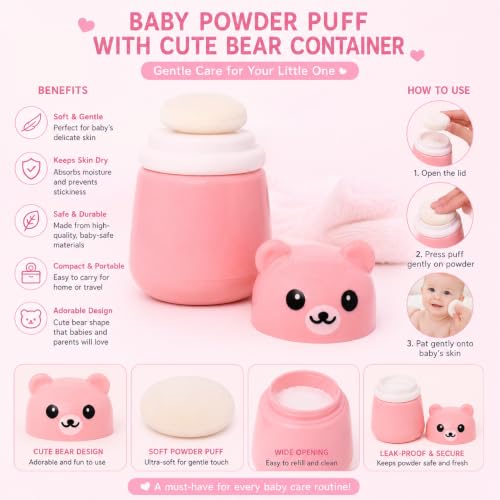 Image of Baby Skin Care Powder Talcum Puff Case Cum Container Box Reusable Refillable for Toddlers Kids and Infants for Baby Body And Face Grooming BPA Free (DESIGN 702)