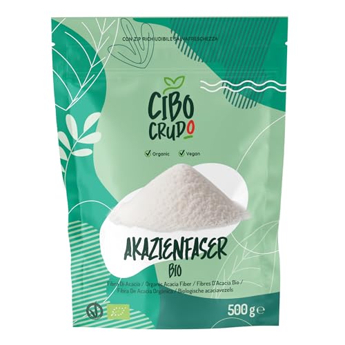 CiboCrudo Akazienfaser Pulver Bio - 500g. Akazienfasern oder Akaziengummi Arabicum Pulver mit Hohem Ballaststoffgehalt (85%) und ohne Zucker. Vegane Ballaststoffe, hervorragend für ketogene Diäten.