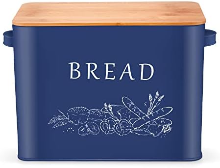 Herogo Bread Bin, Metal Bread Box with Wooden Lid for Cutting Bread Board, Extra Large Bread Holder Holds 2 Loaves, Space Saving Bread Storage for Kitchen Countertop, 33x18x24.5cm (Blue)
