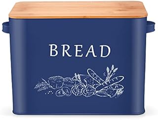 Herogo Bread Bin, Metal Bread Box with Wooden Lid for Cutting Bread Board, Extra Large Bread Holder Holds 2 Loaves, Space Saving Bread Storage for Kitchen Countertop, 33x18x24.5cm (Blue)