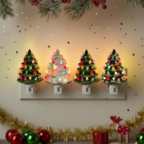 Uenough Christmas Ceramic Tree Night Light 4 Pack - 6 H Tabletop Holiday Nostalgic Decorative Lights with ON/Off Switch Vintage Night Light for Gift Bedroom Bathroom Living Room Porch Holiday Decor