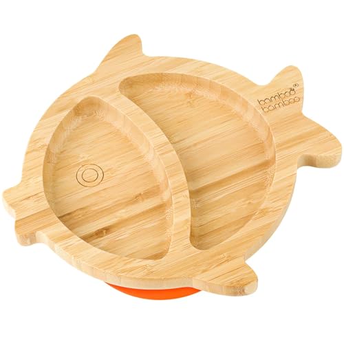 bamboo bamboo Plato Para Bebé Y Niño Pequeño, Plato De Bambú En Forma De Pez Con Succión Segura Para Alimentación Y Destete, Vajilla Antideslizante Para Bebés Desde 6 Meses (Pez, Naranja)