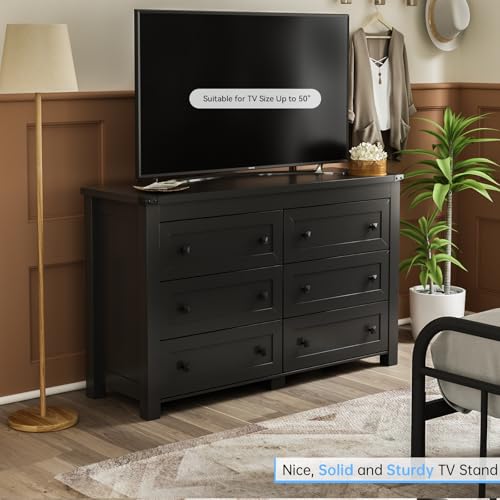 Image of HUANLEGO Black Dresser for Bedroom with 6 Drawers, Modern Chest of Drawers, Wood Dressers Bedroom Furniture Wide Storage Organizer, 6 Drawer Dresser for Closet, Living Room, Hallway