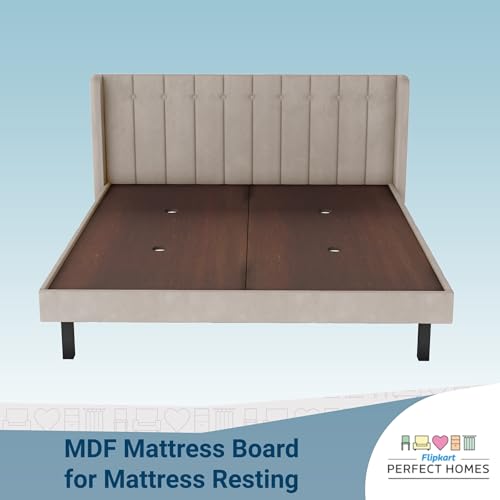 Image of Wooden Modern Upholstered Queen Size Bed for Bedroom | Wooden Double Bed Without Storage | Platform Cot Upholstered Bed with Upholstery Fabric | Engineered Wood | 6.5 x 5 Ft | Beige-A