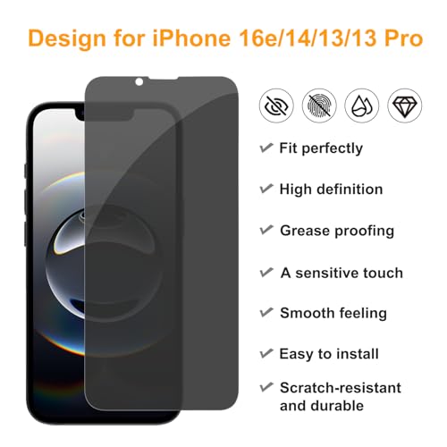 PEHAEL 3Pack for iPhone 16e/14/13/13 Pro Privacy Screen Protector Full Coverage Anti-Spy Tempered Glass Film 9H Hardness Easy Installation Bubble Free [6.1 inch]