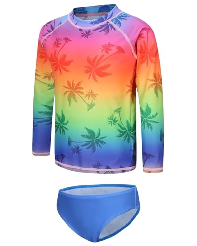 Image of Girls Two Piece Rash Guard Swimsuits Set Long Sleeve Bathing Suit with UPF 50+ Sun Protection Kids Sunsuits Swimwear Set