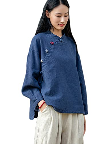 NFYM Chemisier en coton et lin pour femme - Manches longues - Style rétro chinois - Coupe ample, bleu marine, Taille Unique