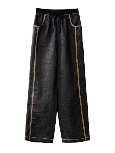 Pantalon Xiangyunsha en soie coupe droite noir craquelé coutures contrastées 134