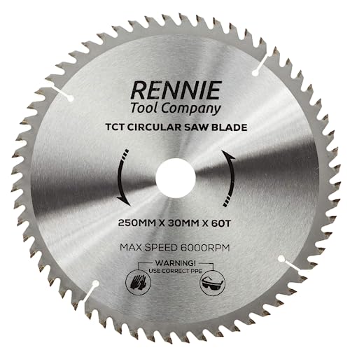 Rennie Tools - 250mm x 30mm x 60T TCT Circular Wood Saw Blade Includes 25mm 20mm & 16mm Bore Reduction Rings. Compatible with Bosch Makita Dewalt Circular Saw Etc. Fits 255mm Circular Saws