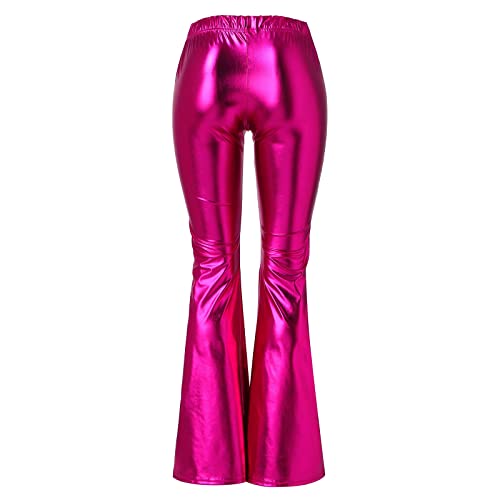 Qvkarw Calças femininas brilhantes metálicas flare cintura alta elástico boca de sino calças de jogg