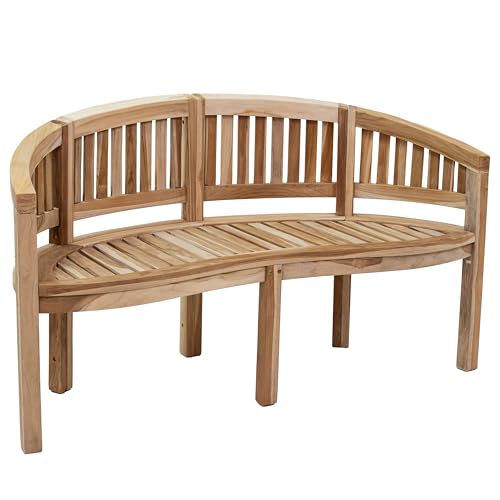 Sunnydaze Outdoor Garden Bench for Patio - Curved Teak Wood Banana Bench with Backrest - Front Porch or Balcony Seating - 59