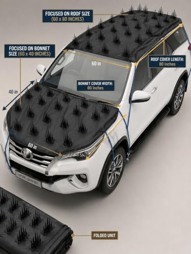 Image of Premium Car Protection Cover (Set of 2), High-Density Anti-Monkey, Dog Spikes Guard for Roof (80 inchx60 inch, 39pcs), Bonnet (60 inch x 40 inch, 27pcs) - Universal 100% Waterproof Scratch-Proof (Black)