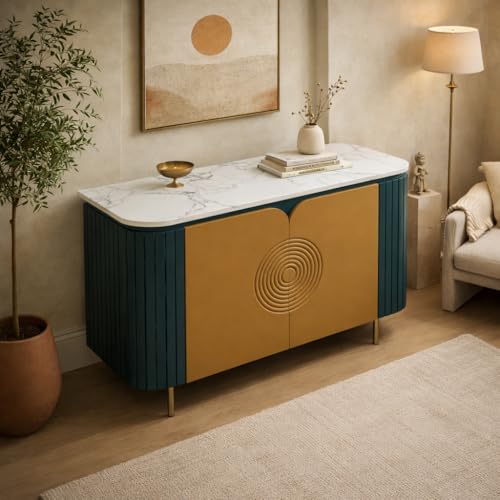 Image of Solid Wood Mandala Sideboard Cabinet with Sintered Stone Top for Living Room | Premium Acrylic Emerald Green and Terracotta Brown Finish | 119.8 x 39.8 x 85 cm