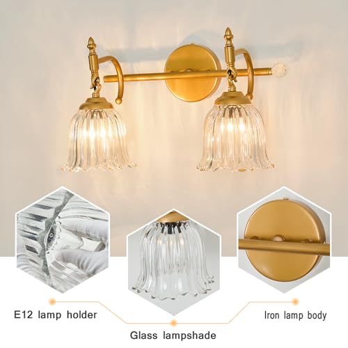 Image of CVKASH 2-Light Bathroom Vanity Light Fixtures Over Mirror,Brushed Gold Modern Vanity Light with Glass Shade Vintage Wall Sconce for Bedroom Dressing Room Living Room Hallway Cabinet