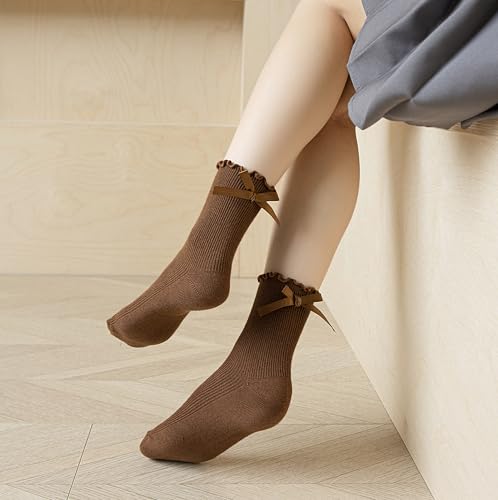 Image of Womens Bow Socks Ruffle Casual Crew Black Whitte Soft Breathable Cotton 4 Pairs Socks