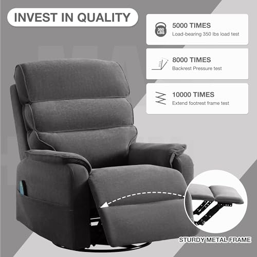 Massage Swivel Rocker Recliner Chair with Heat and Vibration Soft Fabric Ergonomic Rocking Comfy Oversized Lounge Chair Big and Tall Recliner Single Sofa with Side Pockets, USB Charge Port, Grey