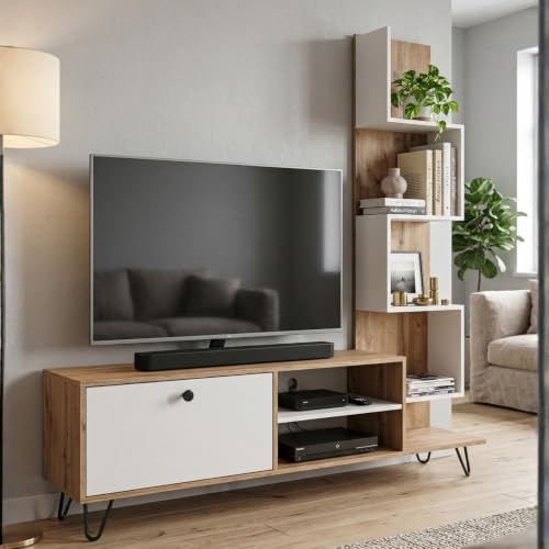 Image of FFO tv Unit for Living Room 43 inch with Storage & Display Shelves Wooden | Wooden Entertainment Center with Drawer & Open Rack | Industrial Metal Legs TV Stand for Living Room