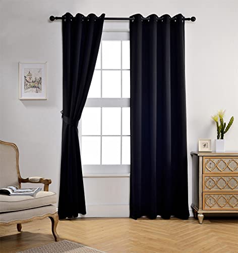Miuco 1 Pair Thermal Insulated Grommet 52-Inch-By-84-Inch Blackout Window Curtain Panels With 2 Tie Backs, Black #TOP1