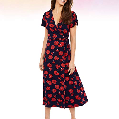 Vestido Boho de Manga Curta Feminino com Gola V PRETYZOOM Vestido de Praia Flor Casual para Festa de