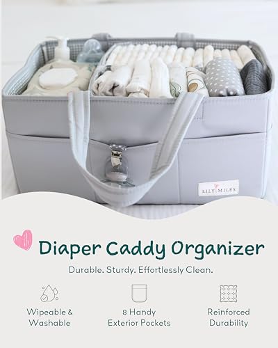 Image of Lily Miles Diaper Caddy Organizer with 8 Pockets, Wipeable Baby Caddy Basket for Diapers and Wipes, Baby Registry Favorites, Nursery Tote Bag for Changing Table or Car (Heather Grey, Large)