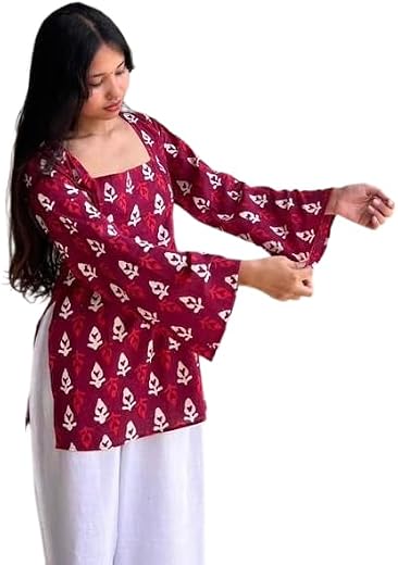 FELISIA Women's Full Sleeves Rayon Printed Square Neck Short Kurti, Bell Sleeves, Short Kurti for Women, Stylish Ethnic To...