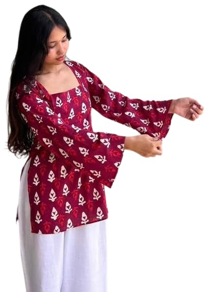 Image of FELISIA Women's Full Sleeves Rayon Printed Square Neck Short Kurti, Bell Sleeves, Short Kurti for Women, Stylish Ethnic Top, Daily Casual Western & Office wear