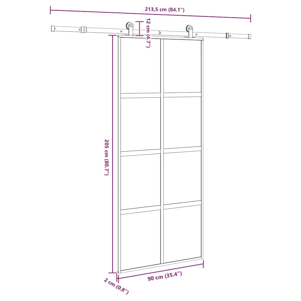 Porta Scorrevole 90x205 cm Vetro Temperato Alluminio Nero con Kit