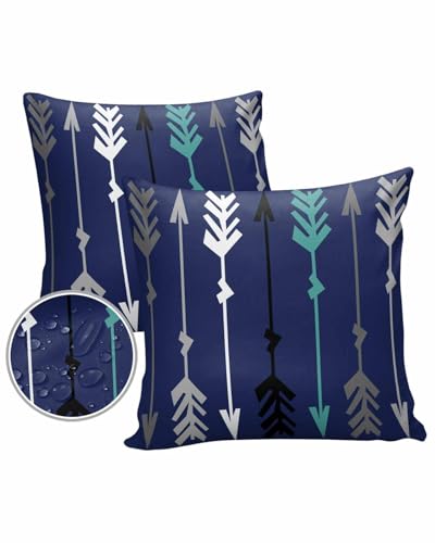 Navy Blue Arrow Outdoor Pillow Cover 16x16 Inch Cushion Sham Case,Waterproof Square Throw Pillowcase Patio Couch Chair Farmhouse Mexican Aztec Decor Retro Teal White Gray Boho Tribal Bohemian Azte