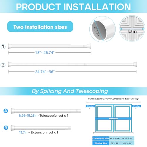 Image of Spring Tension Curtain Rod 18-36 inch, Adjustable Expandable Tension Curtain Rod No Drilling, Tension rods for Window Doorway Kitchen Curtain, White