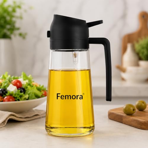 Image of Femora Glass Oil Sprayer and Dispenser Bottle, 500ml Capacity, 2-in-1 Design, Black Spray Bottle for Air Fryer, BBQ & Salad | Leak Proof Glass Bottle