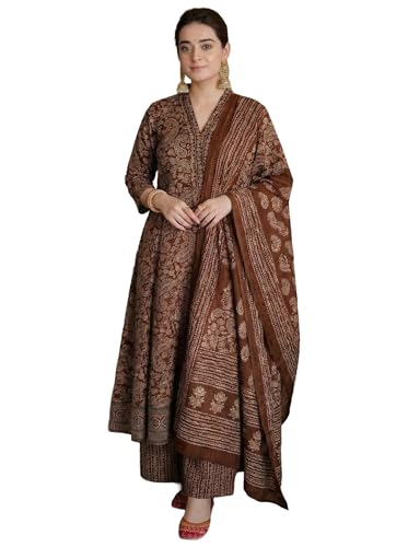 ANNI Designer Women's Viscose Blend Printed Anarkali Kurta with Palazzo & Dupatta (Kanaga Brown_L_Brown_Large)