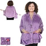 EzrAllora Fleece Poncho Blanket -Drape and Go No Sleeves- Lightweight Wrap Shawl - Wearable Blanket - Gift for Grandma and Mom (Velvet Lavender)