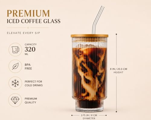 Image of COOLBIT 320ml Glass Sipper with Straw and Lid | Ribbed Glass Tumbler with Bamboo Lid | Reusable Drinking Glass for Coffee, Juice, Smoothie & Cold Drinks