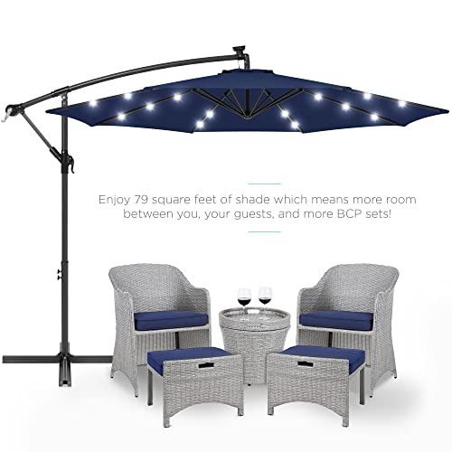 Best Choice Products 10ft Solar LED Offset Hanging Market Patio Umbrella for Backyard, Poolside, Lawn and Garden w/Easy Tilt Adjustment, Polyester Shade, 8 Ribs - Navy Blue