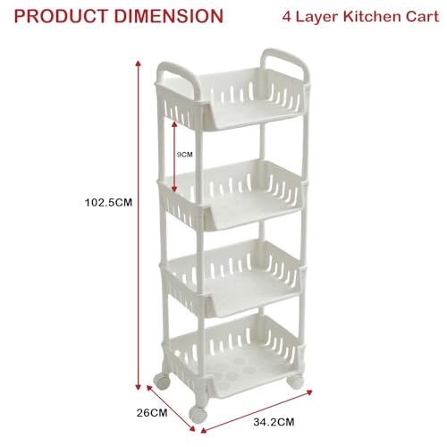Image of Lukzer 4-Tier Plastic Rolling Storage Cart with Wheels | Multipurpose Utility Trolley Organizer with Basket Shelves & Side Holder & Hooks for Kitchen, Bathroom, Laundry & Office (White /26x34x103 cm)